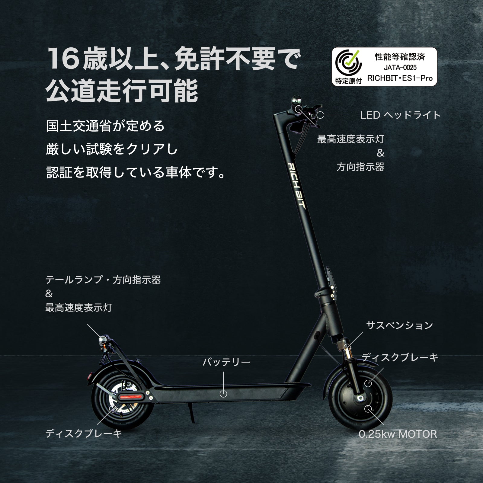 特定小型原付モデル 電動キックボード RICHBIT ES1 Pro 公道走行可能 性能認定適合 – 予約購入